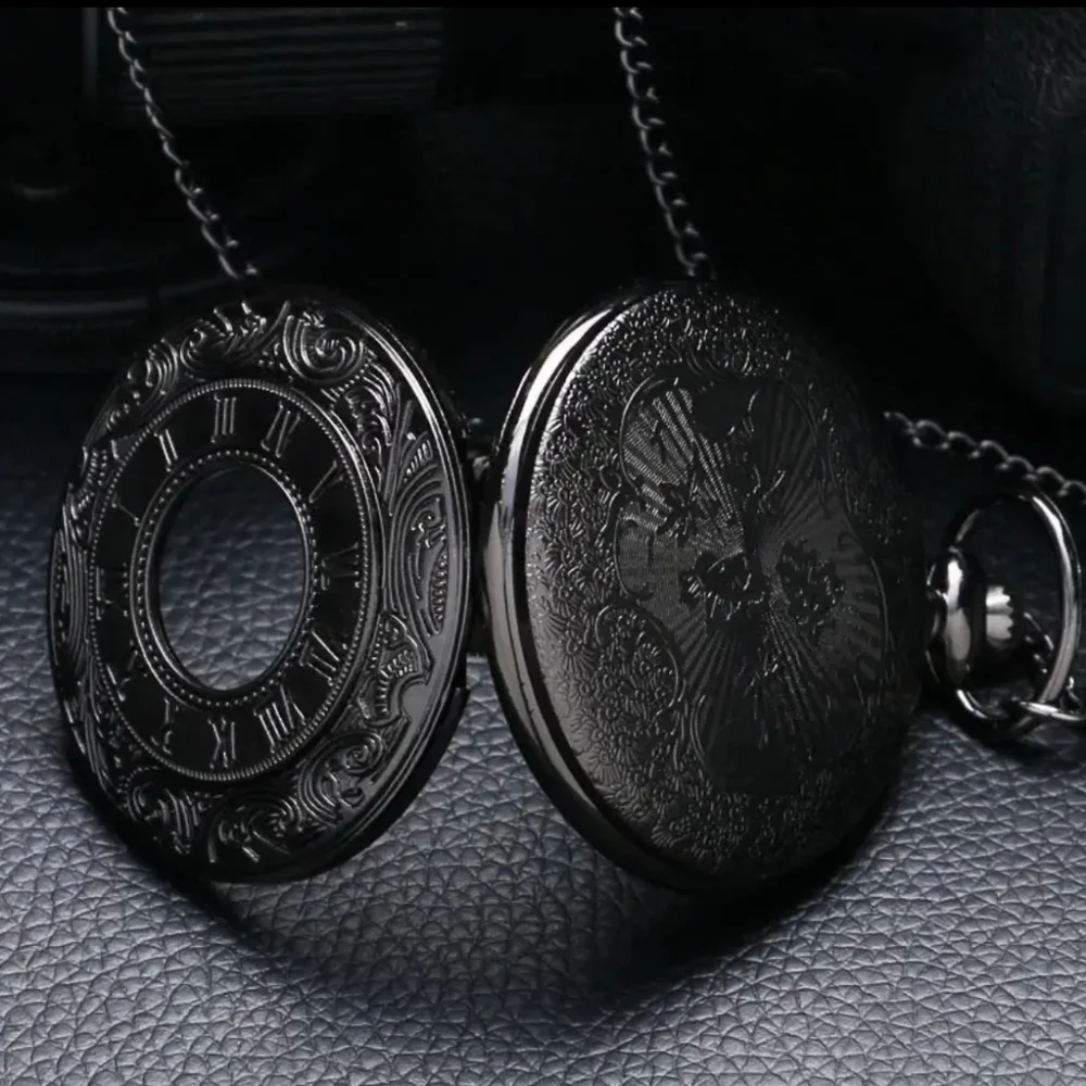 New men's black roman number pocket watch
